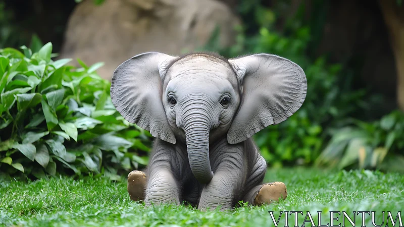 Juvenile elephant seated in verdant habitat, rendered photorealistically