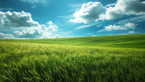 Sunlit green meadow under a peaceful wide open sky.