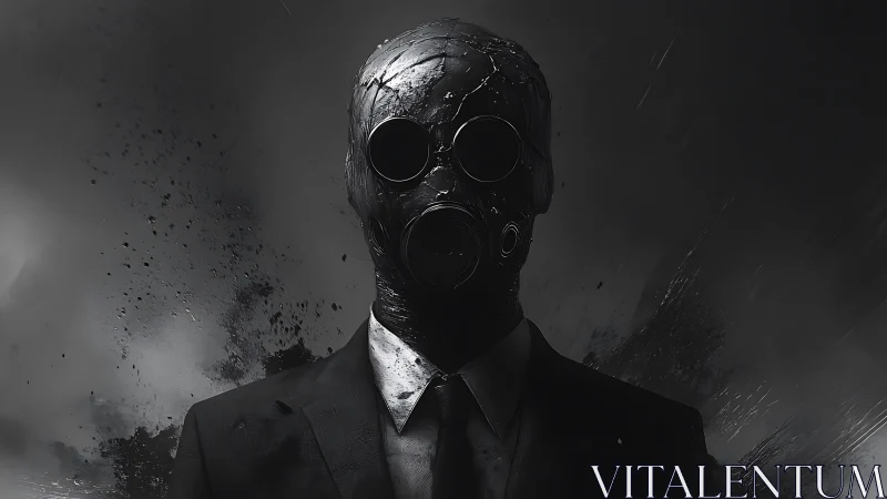Masked figure in suit with cracked helmet and dark smoke backdrop.
