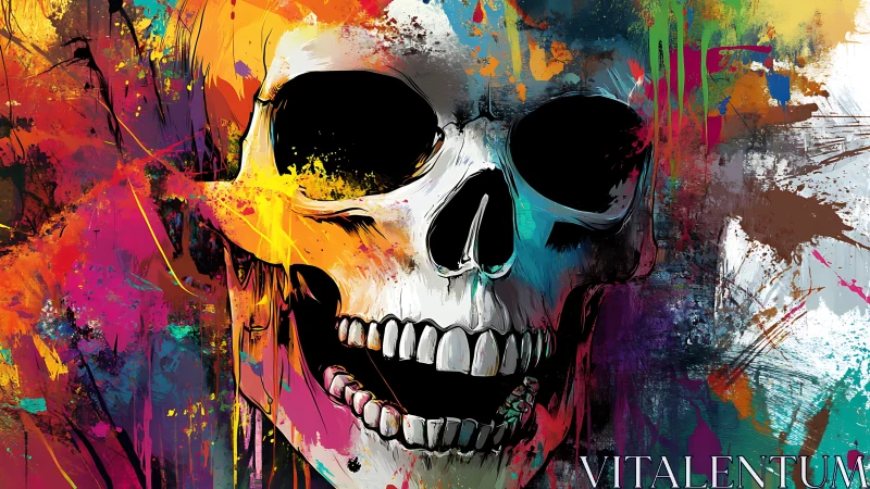 Chromatic skull portrait with dynamic splatter gradients and drips.