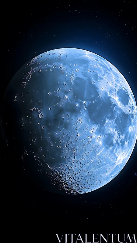 Lunar surface in blue-toned space rendering with craters.