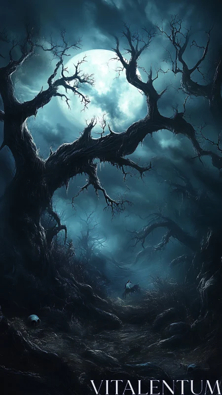 Moody moonlit forest path under gnarled haunted trees.