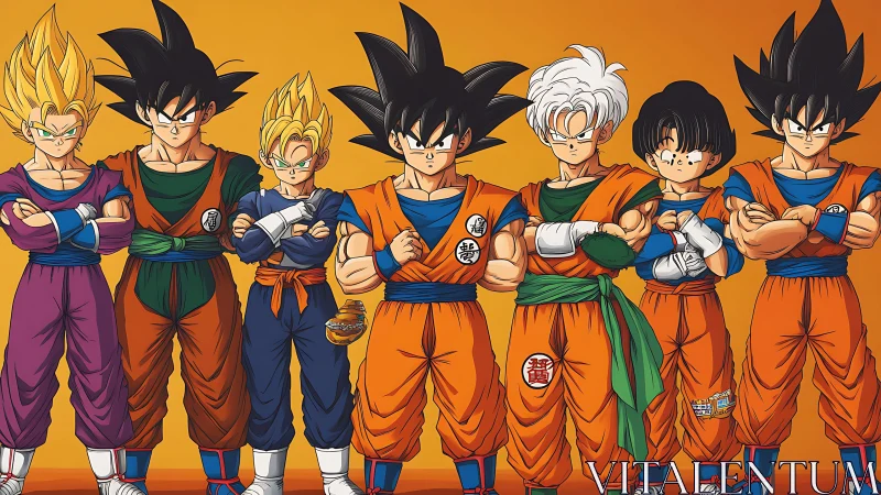 Saiyan warriors stand united in bold orange gi lineup.