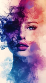 Abstract double-exposure portrait merges face with chromatic smoke