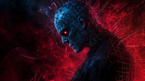 Demonic pin-covered figure glows against swirling red void