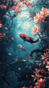 Koi drifting under blossom-lit water in a secret dream pond.