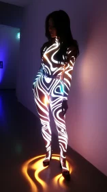 Silhouetted model in neon projection-mapped bodysuit glow.