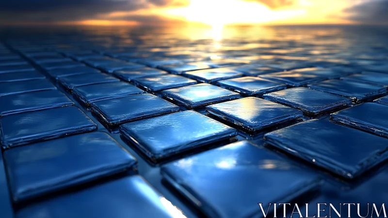 Reflective blue tiles extend toward luminous ocean horizon