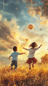 Children chase painted lanterns through golden wheat dreams at dusk