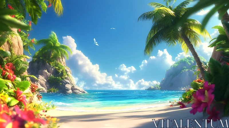Tropical Paradise Beach with Palm Trees and Flowering Cliffs