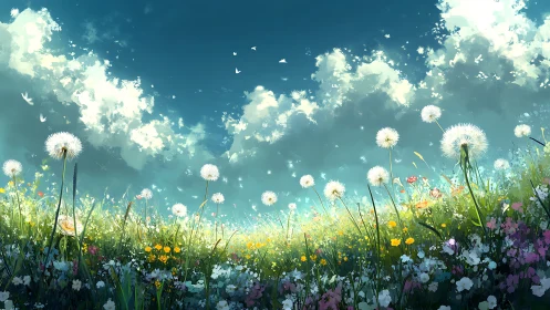Dandelion meadow stretches under luminous spring sky