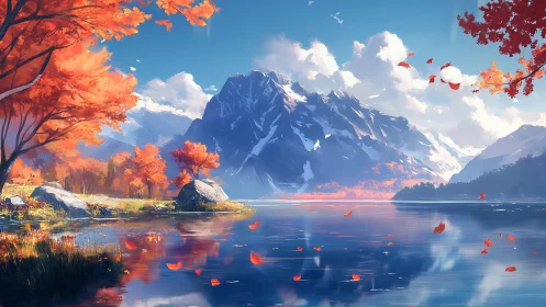 Crimson autumn trees mirroring over serene alpine lake.