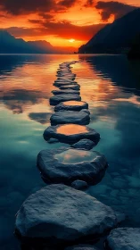 Stepping stone pathway cuts through reflective lake at vivid sunset