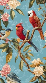 Colorful songbirds rest among blossoms on soft blue sky