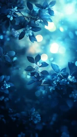 Blue Flowering Branches with Soft Bokeh Lights.
