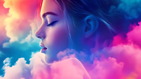Dreamy side profile drifting through neon pastel clouds.