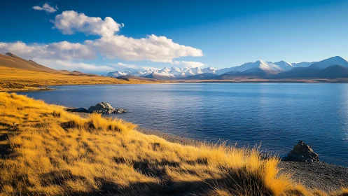 Golden lakeshore with snowcapped mountain range at sunrise.