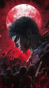 Blood-red moon looms behind vengeful anime warrior profile.