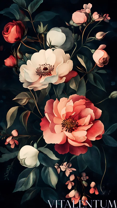 Botanical Still Life: Multi-Colored Peonies and Roses Against Dark Ground