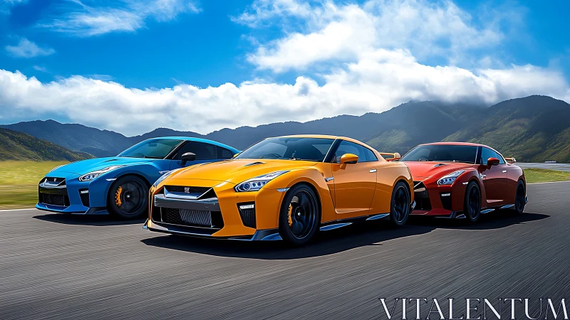 Tri-color performance coupes in synchronized high-speed motion.