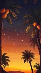 Digital painting of palm silhouettes under glowing dusk sky.