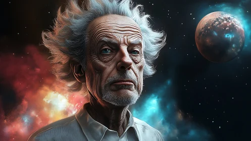 Aging space scientist gazes into a vast glowing cosmos