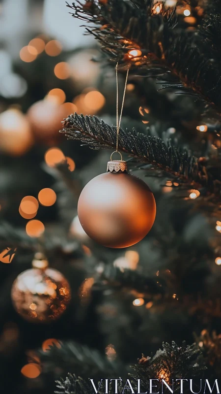 Copper ornament glows amid deep green Christmas branches.