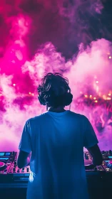 DJ performs on stage bathed in neon pink and blue lights