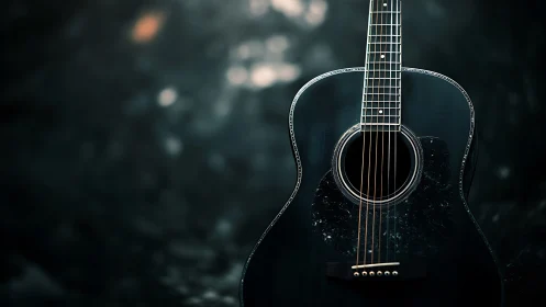Dark acoustic guitar hangs in soft, shallow-focus light