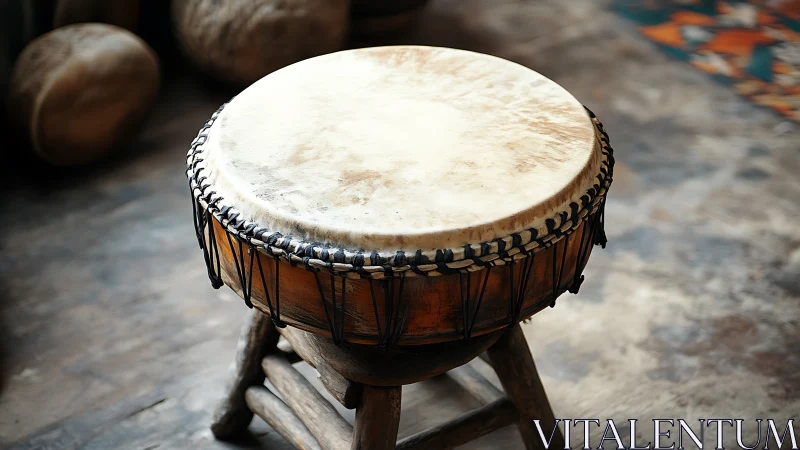 Handcrafted tribal drum rests on rustic wooden stool.