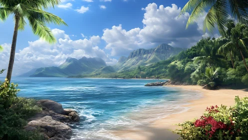 Tropical beach with mountains, palm trees, and turquoise ocean water.