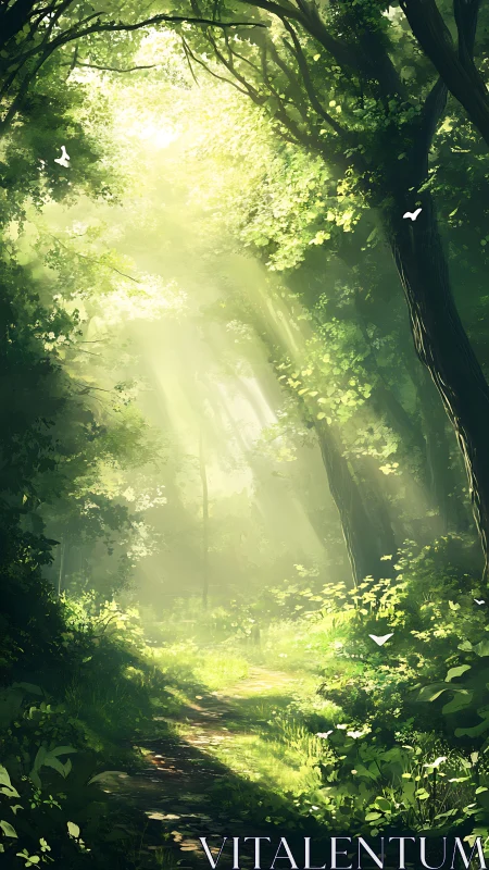 Luminous Forest Cathedral: Where Sunlight Dances Through Ancient Canopy.