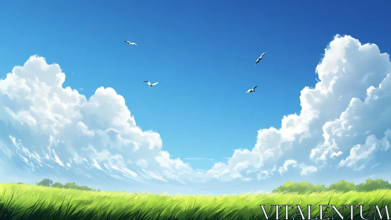 Panoramic grassland under cumulus cloud formations and soaring birds