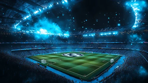 Illuminated football arena renders cinematic match atmosphere