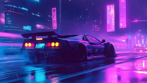 Neon supercar powers through rainy cyberpunk city streets.