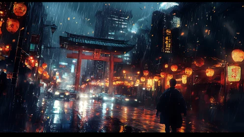 Lantern storm over neon gate in rain soaked night market.