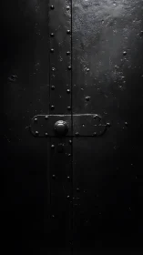 Black steel door surface shows rivets and central latch