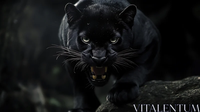 Black Panther Snarling with Luminous Eyes in Dark Forest