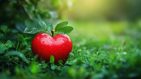 Heart-shaped red apple with dew on grass, dreamy natural style.