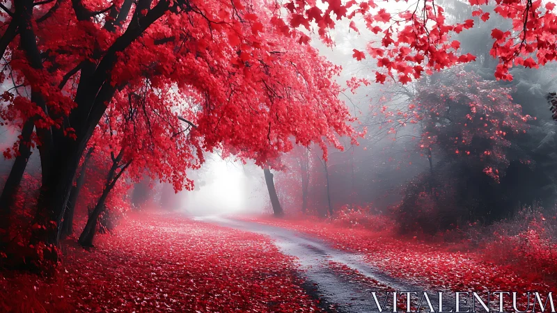 Crimson forest road curves through dense misted canopy.