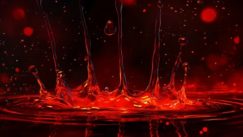 High-Speed Fluid Dynamics: Crimson Liquid Splash with Ballistic Droplet Dispersion