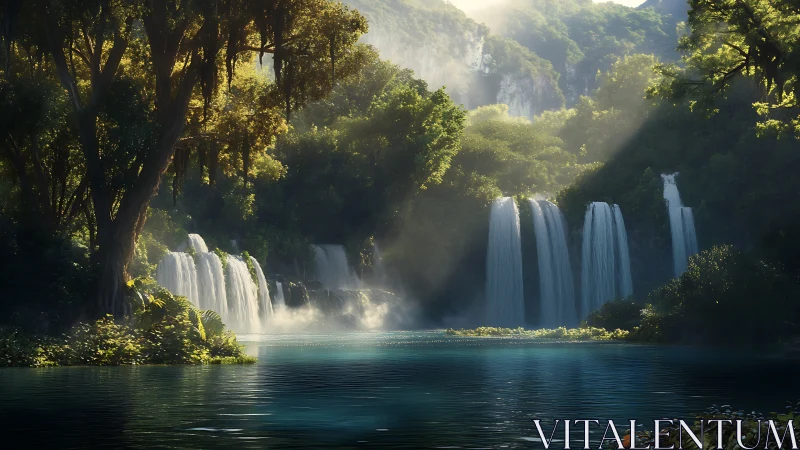 Sunlit jungle waterfalls descend into a tranquil blue lagoon