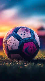 Weathered soccer ball rests on vivid sunset pitch