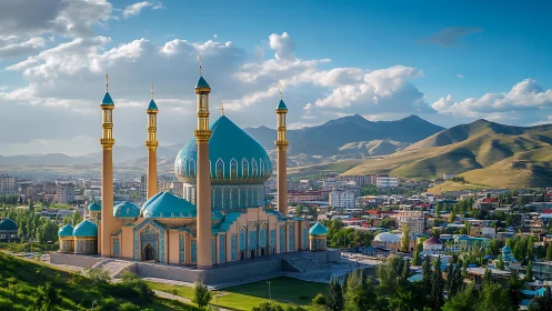 Sunlit turquoise mosque rising gently over valley city.