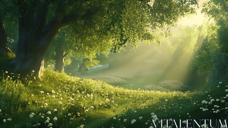 Volumetric sunrise rays traversing meadowed forest glade.