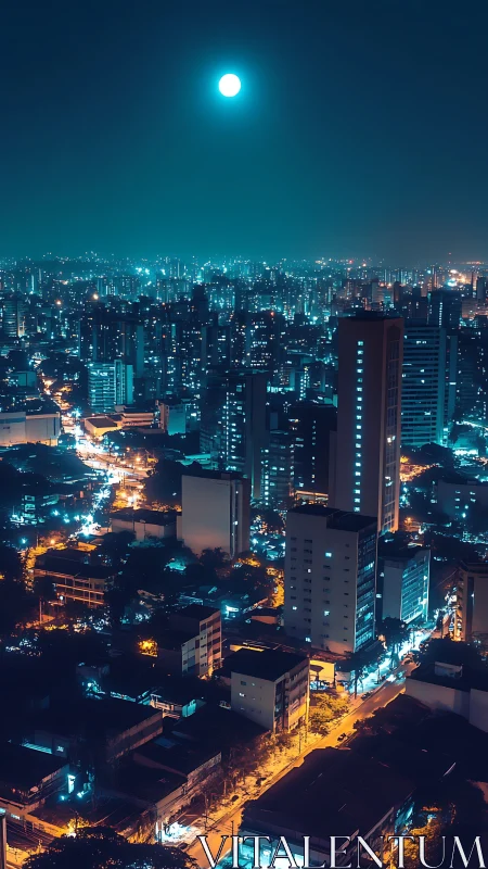 Moonlit teal cityscape with luminous nocturnal skyline.