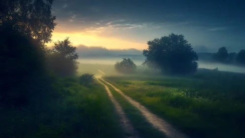 Mist-covered country path under dramatic sunrise sky.