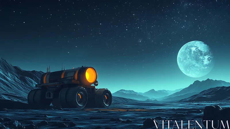 Lunar rover glows beneath a vast moonlit alien sky.