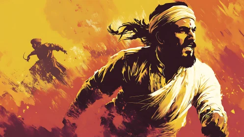 Warrior in motion with dynamic brushstroke flames backdrop.