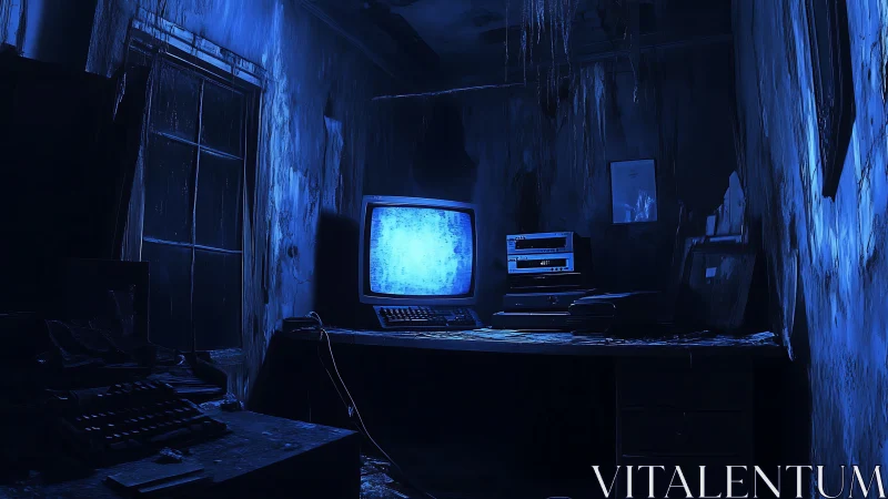 Abandoned blue office with static computer monitor glow